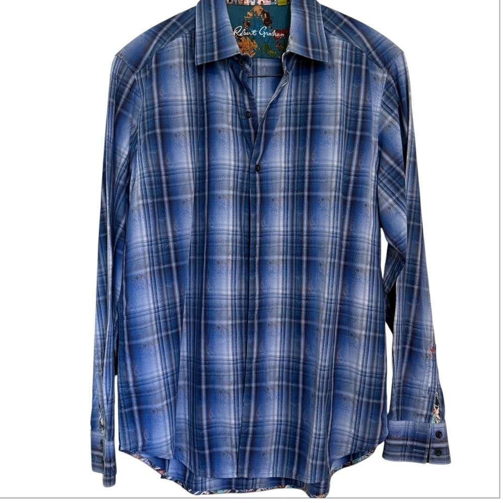 Robert Graham Men’s XL Button Down Shirt Blue Plaid Long Sleeve Designer Casual